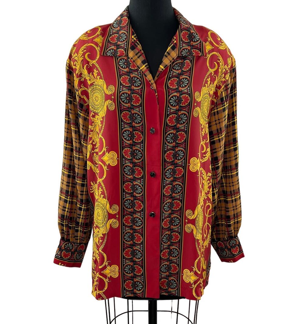 VINTAGE BrownStone Multi Blouse Top Chain Printed Notch Lapel Button Front 14W